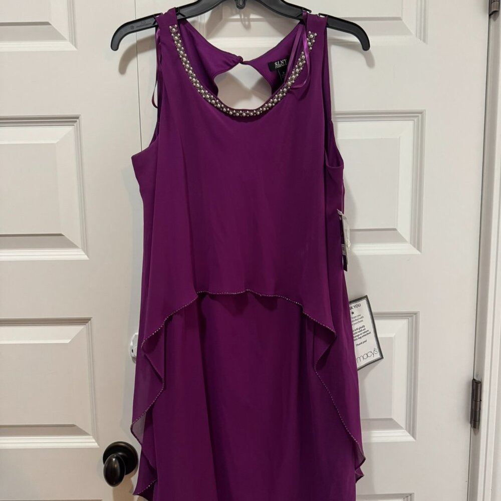SLNY Purple Chiffon Layered Dress with Beaded Neckline – Size 16